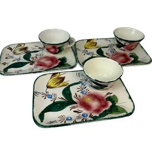 Vintage Italian Hand Painted Nove Rose Ceramic Sandwich Snack Plates Lot Of 3